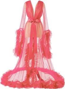 Detailed view of the elegant pink sheer tulle long robe, featuring deep V-neck and ruffles.