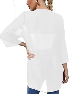 Close-up detail of women white sheer chiffon cardigan sleeve back view lightweight summer.