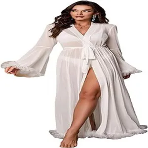 White chiffon long sleeve sleepwear bridal robe, elegant sexy loungewear, soft summer nightgown.