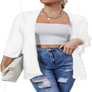 Detailed view of lightweight women white chiffon cardigan, sheer summer beach sun protection.