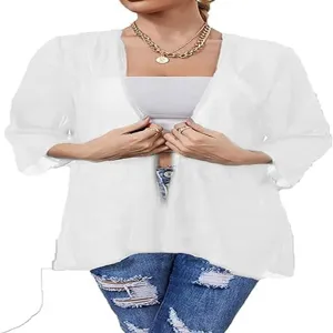 Women white chiffon sun protection cardigan detail, lightweight loose summer cover up style.