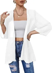 Detail view of a white chiffon sun protection cardigan for women, lightweight summer wear.