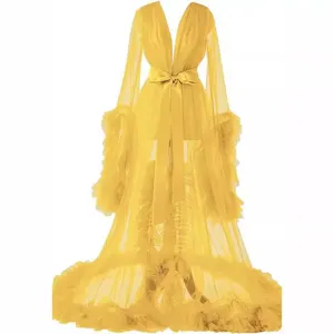 Yellow tulle bridal robe long sleeve feather hem sheer dressing gown wedding party gown