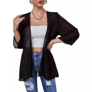 Women Elegant Chiffon Sun Protection Cardigan Polyester Loose Solid Color Thin V-Neck Top For Summer Casual Beach Vacation
