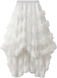 White tiered tulle midi skirt, fluffy mesh fairy skirt for women, elegant party photography wear.