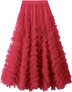 Pink mesh tiered long skirt women summer high waist ruffled cake maxi skirt detail view.