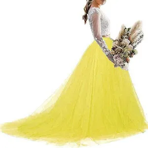 Vrouwen gele t tulle lange rok met witte kant top elegante trouwjurk hoofdweergave foto