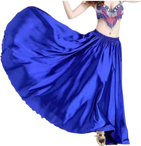 Blue satin belly dance skirt and tassel top set, wide swing performance costume.