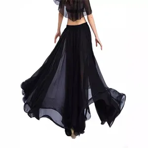 Detail view of black chiffon belly dance skirt, flowing long design for graceful movement.