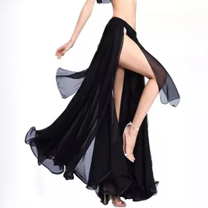 Elegant black belly dance long skirt for women, high split chiffon practice dancewear.