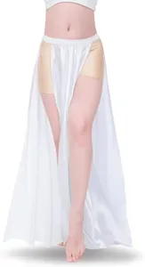 Detail view of the flowing white belly dance skirt showcasing dual side slits and built-in shorts.