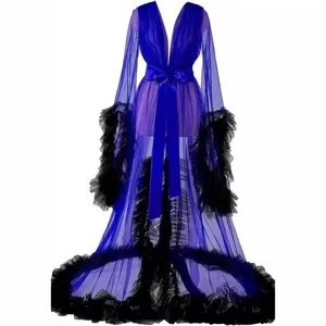Royal blue sheer tulle bridal robe with black ruffles, deep V-neck long sleeve gown.