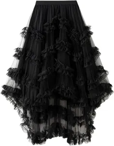Black tiered mesh tulle ruffle asymmetrical high-low skirt detail view, elegant fairy gown.