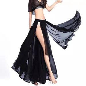 Black chiffon belly dance skirt for women, split long maxi skirt for dance practice and performance.