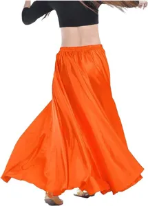 Vibrant orange satin fabric detail of the belly dance performance skirt with wide swing wave.