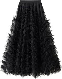 Detailed view of the elegant black tiered tulle midi skirt featuring delicate ruffles.