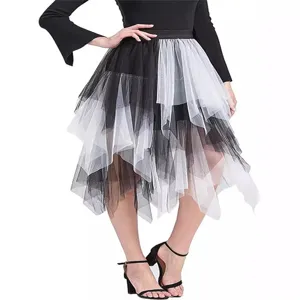 Black and white irregular tulle midi skirt with layered mesh design for women elegant wear
