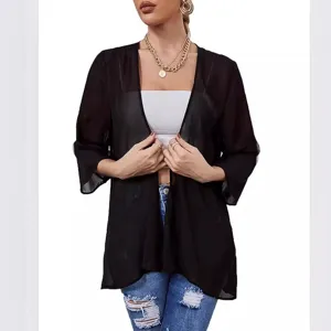 Women black sheer chiffon cardigan summer sun protection lightweight outerwear top.