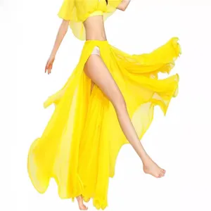 Yellow belly dance skirt set for women, split design, flowing chiffon dance practice outfit.