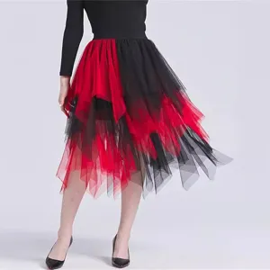 Asymmetrical layered tulle skirt in striking red and black color block for women fashion.