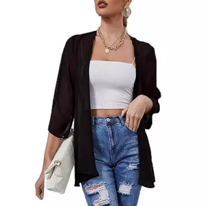 Women summer casual black chiffon cardigan sun protection loose cover up lightweight kimono tops.