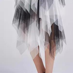 Close-up detail shot of the multi-layered irregular mesh midi skirt featuring black and white tones.