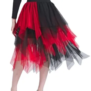 Women irregular mesh half skirt red black colorblock tulle layered skirt fairy style main view