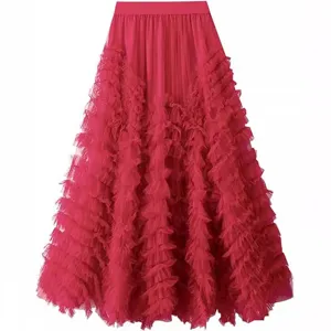 Vintage High Waist Multi Layered Mesh Cake Skirt For Women Elegant Ruffle Tulle Long Maxi Skirt Solid Color Princess Style