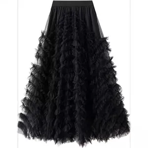 Elegant black mesh tiered long skirt with ruffle design, vintage maxi skirt for women.