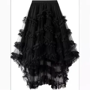 Women black tiered mesh skirt asymmetrical ruffle midi skirt elegant fluffy party tulle skirt