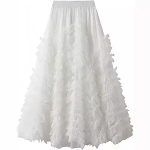 Elegant white mesh tiered maxi skirt for women, vintage long layered tulle half skirt.