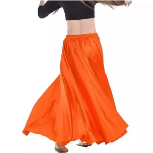 Bright orange satin belly dance long skirt, big swing performance costume for oriental dance.