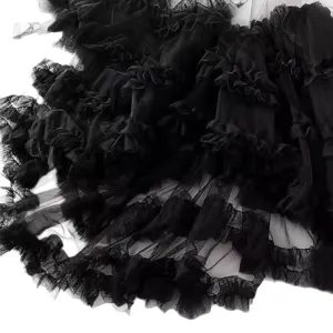 Women black mesh tiered cake skirt layered ruffle puffy skirt elegant tulle midi skirt