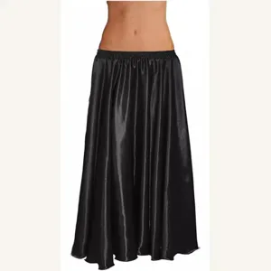 Women black satin long skirt for dance and fashion, elegant high waist maxi skirt design.