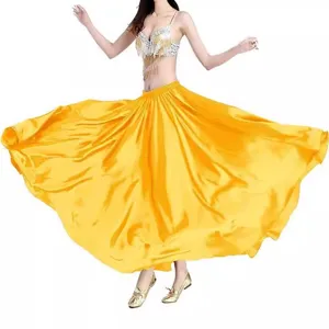Professional belly dance yellow satin swing skirt and sequin fringe bra stage set.