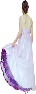 Detail view of a elegant women long evening dress petticoat with layered purple trimmed hem.