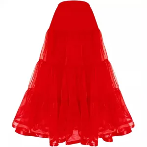 Red long tiered petticoat crinoline skirt for women wedding party evening dress apparel.