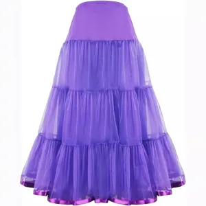 Women purple tiered crinoline petticoat long mesh skirt floor length wedding dress slip