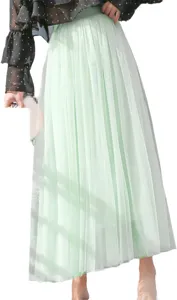 Mint green tulle mesh midi skirt, soft layered fabric for spring summer daily stylish wear detail.