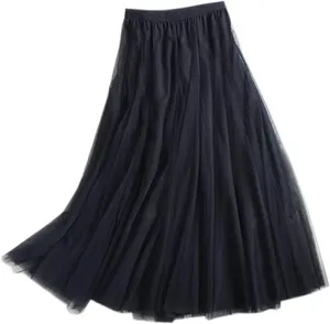 Detailed view of women's black multi-layer mesh long skirt, elegant tulle design.
