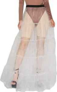 Hoge taille mesh gelaagde lange rok voor dames, elegante transparante tulle maxi rok.