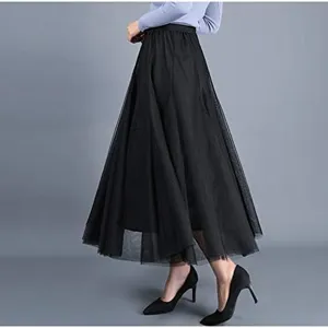 Black mesh long skirt detail view, lightweight layered tulle design for elegant summer style.