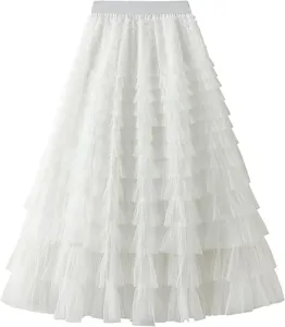White tiered mesh skirt detail showing layered tulle fabric and high waist design.