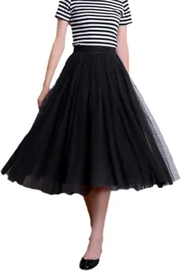 Black mesh midi skirt detail, soft tulle fabric, elegant fluffy silhouette, spring summer style.