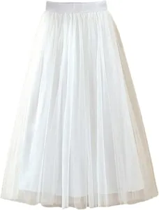 Elegant white tulle midi skirt featuring a fluffy layered mesh design for spring wear.