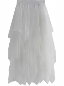 Jupe en Maille de Fée Française pour Femmes Élégante Jupe Midi à Coupe trapèze à Plusieurs Niveaux Taille Haute Été Plage Fête Jupe Longue Polyester