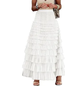White tiered mesh maxi skirt for women, high waist fluffy layered long tulle skirt.