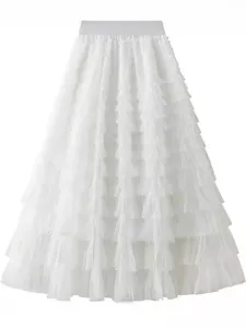 White tiered tulle skirt for women, high waist elastic long mesh cake skirt for spring autumn.