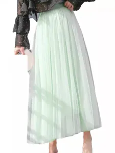Women mesh midi skirt high waist pleated fairy tulle skirt elegant summer casual long skirt