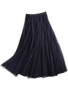 Classic solid color minimalist flowy double layer mesh long skirt main view isolated white
